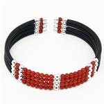 El Coral Bracciale Corallo Rosso, Pallini Argentati, Caucciu' e molla in Acciaio 4 file