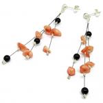 El Coral Pendientes Coral Rosa Chips y Ágata Negra Bolas, 3 Tiras
