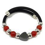 El Coral Ring Red Coral Hematite Heart and Silvered Balls with Rubber and Steel Spring