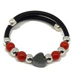 El Coral Anello in Corallo Rosso Pallini da 2,5mm. Ematite a Forma di Cuore Pallini Argentati e Cauccù Montato su Molla in Acciaio
