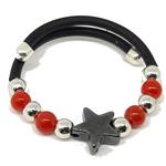 El Coral Ring Red Coral Hematite Star and Silvered Balls with Rubber and Steel Spring