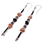 El Coral Earrings Pink Coral Chips, Hematite Heart and Rubber, 8 cm length