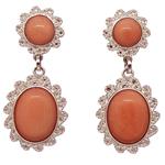 Coralli di Sardegna Pendientes Coral Rosa 2 Cabujones y Ondas Filigrana Plata, 4 cm largo