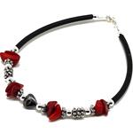El Coral Bracciale Corallo Rosso Chips e Cuore in Ematite con Elementi e Chiusura Argentati e Caucciù