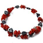 El Coral Bracelet Red Coral Chips, Hematite Hearts, Silvered Balls and Spring
