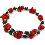 El Coral Bracciale Corallo Rosso Chips da 8mm. e Stella in Ematite, Pallini Argentati e Molla in Acciaio