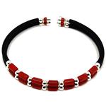 El Coral Bracelet Red Coral Regular Tubes 3x5 mm, Silvered Balls, Rubber and Spring 2 strips