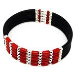 El Coral Bracelet Red Coral Regular Tubes 3x5 mm, Silvered Balls, Rubber and Spring 5 strips