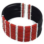 El Coral Bracelet Red Coral Regular Tubes 3x5 mm, Silvered Balls, Rubber and Spring 10 strips