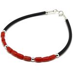 El Coral Bracciale Corallo Rosso Tubetti Barocco da 3x6mm. con Caucciù Pallini e Chiusura Argentati. Lunghezza 19cm.