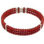El Coral Bracelet Red Coral and Silvered Balls with Steel Spring 3 strips