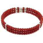 El Coral Bracciale Corallo Rosso Pallini da 3 mm. a 3 Fili con Pallini Argentati Molle in Acciaio e Terminali in Argento