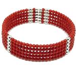 El Coral Bracciale Corallo Rosso Pallini da 3mm. A 5 Fili con Pallini Argentati Molle in Acciaio e Terminali in Argento