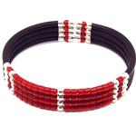 El Coral Bracciale Corallo Rosso Tubetti da 3x2mm. Con Caucciù e Pallini Argentati 4 Fili Molle in Acciaio.