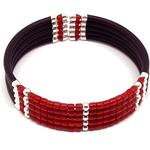 El Coral Bracciale Corallo Rosso Tubetti da 3x2mm. a 5 Fili con Caucciù Pallini Argentati e Molle in Acciaio Terminali in Argento