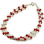 El Coral Bracciale Corallo Rosso Pallini da 3mm. a 3 Fili con Barrette e Chiusura Argentati Lunghezza 17cm. 
