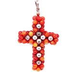 El Coral Pendant Cross Weaved Red Coral Little Balls and Silver Balls