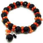 El Coral Bracciale Corallo di Sardegna e Agata nera pallini sfaccettati 12mm.Infilato con Elastico
