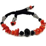 Coralli di Sardegna Bracelet Sardinian Coral, Black Agate Faceted, Silvered pieces and elastic Cloth