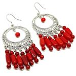 El Coral Earrings Red Coral Balls and Baroque Tubes with Silvered Filigree