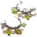 El Coral Orecchino Perle e Olivine/Peridot Forme Varie 5/8mm. Montatura In Argento a Mezza Luna con Ciondoli Lunghezza 35mm. Chiusura a Pressione 