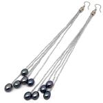 El Coral Pendientes Perlas Grises 6x8mm con 5 Hilos Plateados, 170mm de Largo