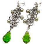 El Coral Orecchini Perle Grigie da 5mm. Cristallo Verde Goccia da 10x20mm. Montatura Pendente ad Anelli Lunghezza 80mm. 