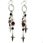 El Coral Earrings Pearls, Black Agate, Ebony and Spades Pieces, 12cm Length