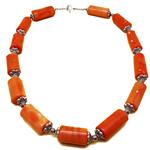 El Coral Collana Corallo Salmone Cilindri da 14x30mm. con Coppette Pallini e Chiusura Argentati Lunghezza 60cm. 