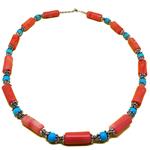 El Coral Collana Corallo Rosa Cilindri da 10x23mm. e Turchese da 8mm. Con Coppette incise e Chiusura Argentate Lunghezza 65cm. 