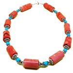 El Coral Collar Coral Rosa Piezas Cilíndricas 15x30 mm con Turquesa y Zamak