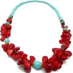 El Coral Collar Coral Rojo Pétalos con Bolas Turquesa y Detalles Dorados