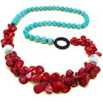 El Coral Collar Coral Rojo Pétalos con Turquesa Bolas, Ágata Negra y Detalles Plateados
