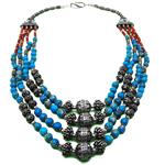 Coralli di Sardegna Necklace Sardinian Coral and Turquoise Balls with Silver, 4 Stripes