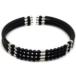 El Coral Bracciale Agata Nera 3mm. 3 Fili con Pallini Argentati, Caucciù e Molle in Acciaio Termnali in Argento. 