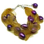 El Coral Bracelet Violet Pearls with Brown Organza, Adjustable Clasp