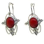 Coralli di Sardegna Earrings Red Coral Cabochon and Silver Filigree 3 Leaves, 4 cm length