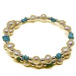 El Coral Bracciale Perle 7mm. Turchese Chips 4/5mm. Pallini Argentati Molla Acciaio Regolabile Peso 8gr. 
