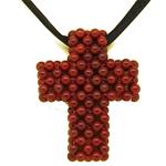 El Coral Pendant Red Coral Balls 5mm, Weaved Cross with Black Cord