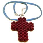 El Coral Pendant Red Coral Balls 5mm, Weaved Cross with Light Blue Cord
