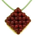 El Coral Pendant Red Coral Balls 5mm, Weaved Rhombus with Green Cord