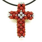 El Coral Pendant Cross Weaved Red Coral and Silvered Balls middle and ends