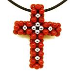 El Coral Pendant Cross Weaved Red Coral and Silvered Balls middle and alternated