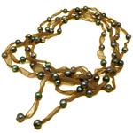 El Coral Necklace Dark Green Pearls with Brown Organza, 240cm Length