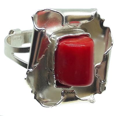Anello in Corallo Rosso rettangolare e argento