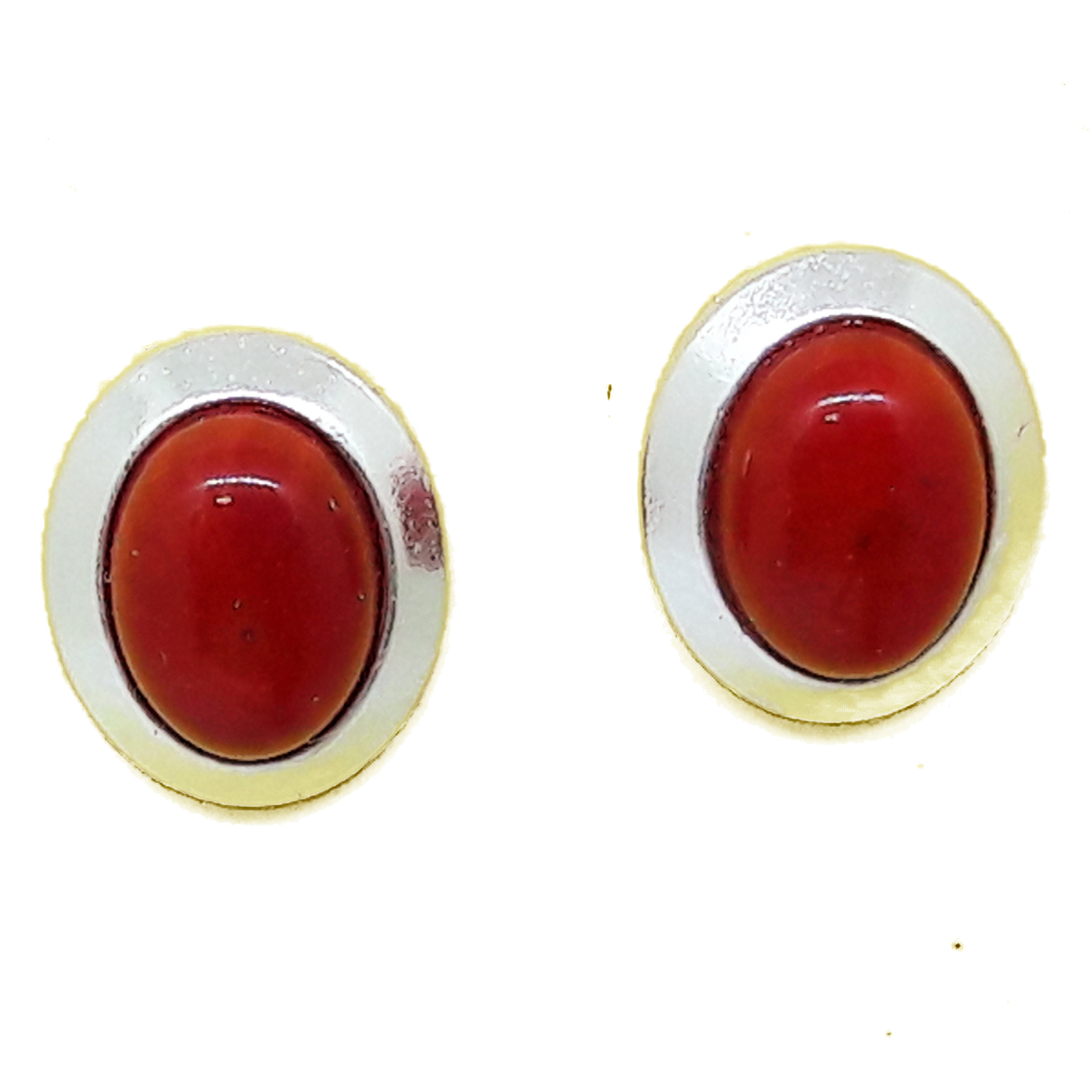 Orecchini ovali corallo con bordo argento liscio